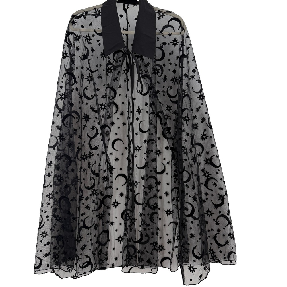 Black Whimsigoth Gothic Cape Dress Set Sheer Celestial Moon Stars Witchy RenFair - Picture 9 of 16